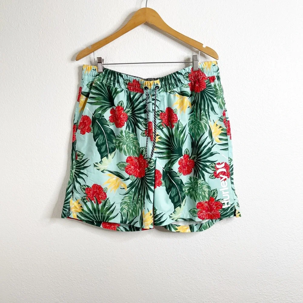 Hurley Mens XXL Tropical Floral Board Shorts Aqua Red Hibiscus Swim Trunks Lined